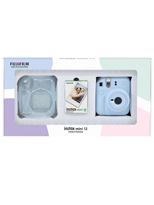 Instax mini 12 Mavi Fotoğraf Makinesi 10'lu Film ve Pleksi Kılıf Bundle Box