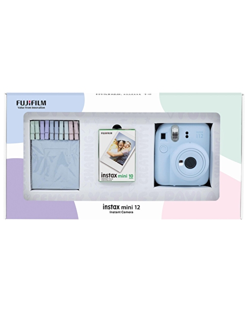 Instax mini 12 Mavi Fotoğraf Makinesi 10'lu Film ve Mandal Bundle Box