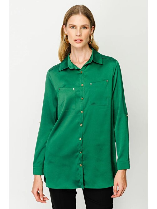 Ekol Kadın Dokulu Saten Gömlek 1013 Yeşil