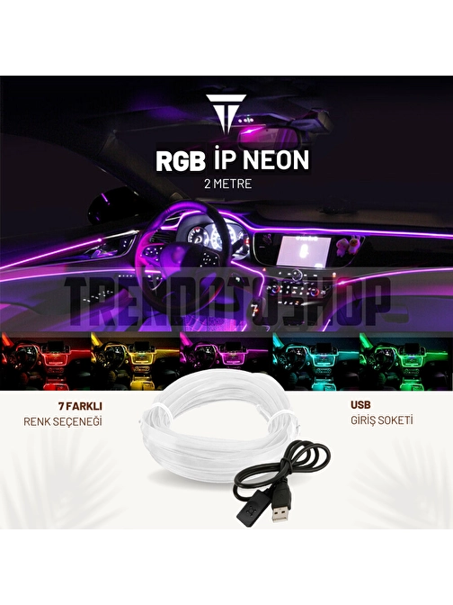 RGB Araç Içi Atmosfer Ambiyans İp Neon Torpido Led 2 Metre USB Girişli