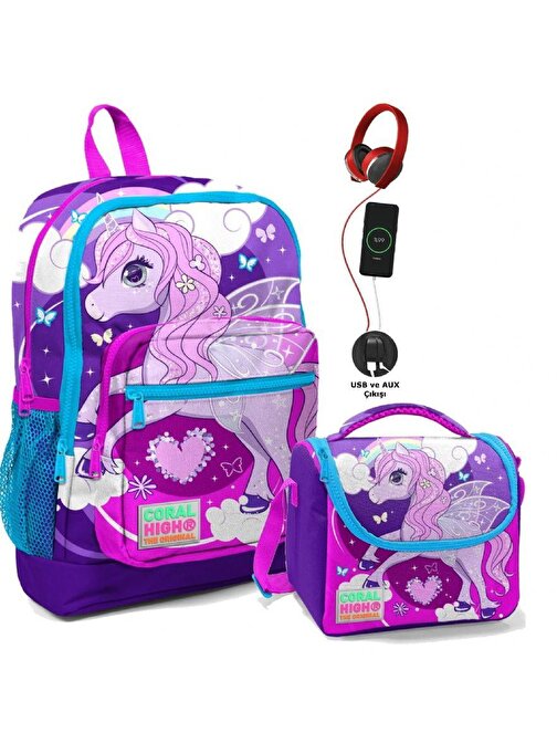 Coral High Okul Çantası ve Termal Beslenme Çanta Seti - Kız Çocuk Mavi Mor Unicorn USB ve AUX Çıkışlı
