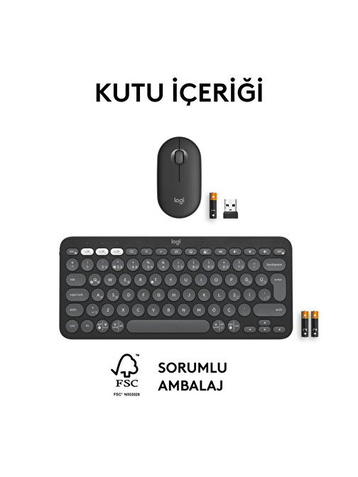 Logitech Pebble 2 920-012245 Türkçe Q Grafit Combo Çoklu Sessiz Kablosuz Klavye Mouse Seti