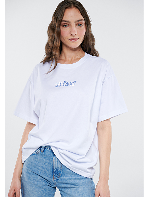 Mavi - Miav Baskılı Oversize Beyaz Tişört 1611935-620