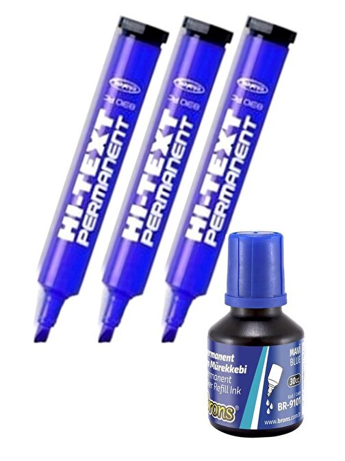 Artlantis Mavi Kesik Uçlu Markör Permanent Kalem 3 Adet + Hı-Text Marker Mürekkep Siyah 30 Ml + Brons 1 Adet Koli Kalemi