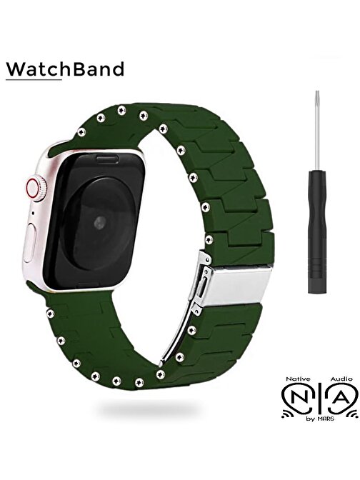 Native Audio Apple Watch 42 - 44 - 45 - 49 mm Silikon Paslanmaz Çelik Tokalı Akıllı Saat Kordonu Koyu Yeşil