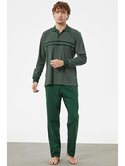 Kareli Polo Yaka Pijama Takım - Yeşil