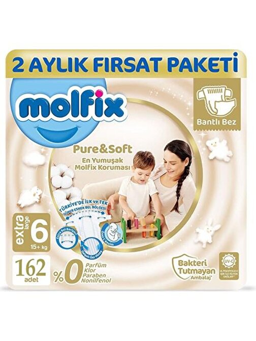 Molfix Pure Soft 15 + kg 6 Numara Aylık Fırsat Paketi Bebek Bezi 162 Adet