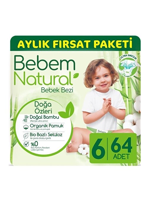 Bebem Natural 6 Numara Ultra Fırsat Paketi Bebek Bezi 64 Adet