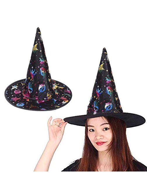 Himarry Cadı Şapkası Siyah Üzeri Rengarenk Balkabağı Cadı Figür Baskılı 38x34 cm