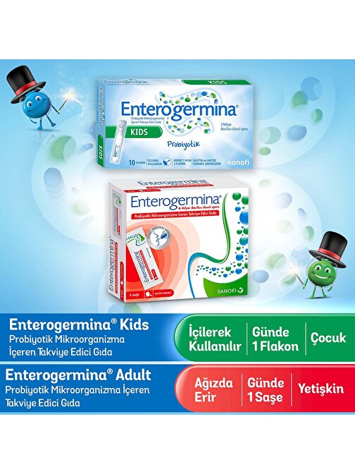 Enterogermina Kids 10 Flakon 2 Milyar Probiyotik + Yetişkin 9'lu Saşe 6 Milyar Probiyotik,Çocuk ve Yetişkin Paketi