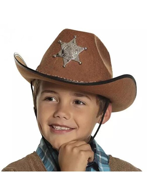 Çocuk Kovboy Şapkası - Vahşi Batı Kovboy Şerif Şapkası Kahve Renk 3877