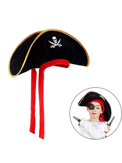 Çocuk Boy Kadife Jack Sparrow Denizci Korsan Şapkası 45 x 16 cm 3877