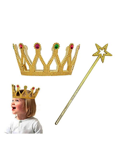 Çocuk Boy Kraliçe Prenses Tacı ve Yıldız Peri Asası Altın Renk 3877