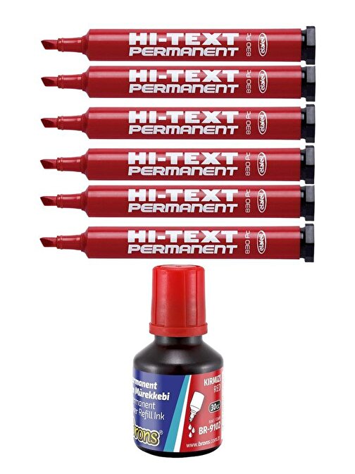 Artlantis Kırmızı Kesik Uçlu Markör Permanent Kalem 6 Adet + Hı-Text Marker Mürekkep Kırmızı 30 Ml + Brons 1 Adet Koli Kalemi