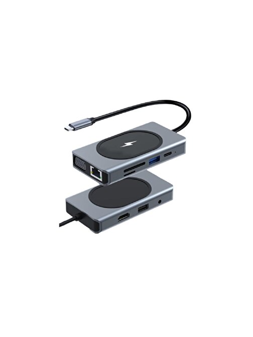 Global Wne0064 9İn1 Usb Type-C Hub Port Adaptör 4K HDMI Usb Ethernet Pd Girişli 15W Kablosuz Şarj