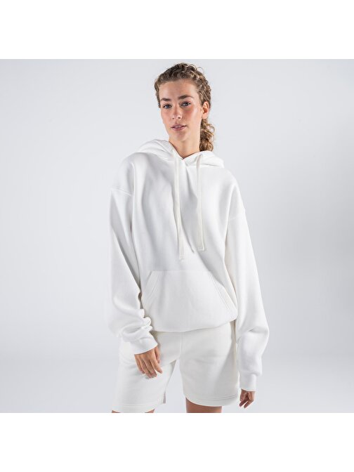 Agar Kadın Kırık Beyaz Kanguru Cepli Kapüşonlu Oversize Hoodie Sweatshirt  | XL