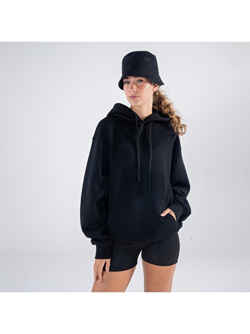 Agar Kadın Siyah Kanguru Cepli Kapüşonlu Oversize Hoodie Sweatshirt  | L