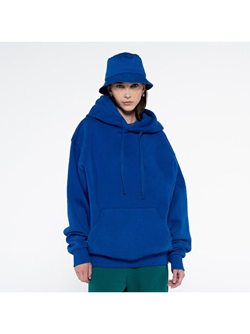 Agar Kadın Saks Mavisi Kanguru Cepli Kapüşonlu Oversize Hoodie Sweatshirt  | L