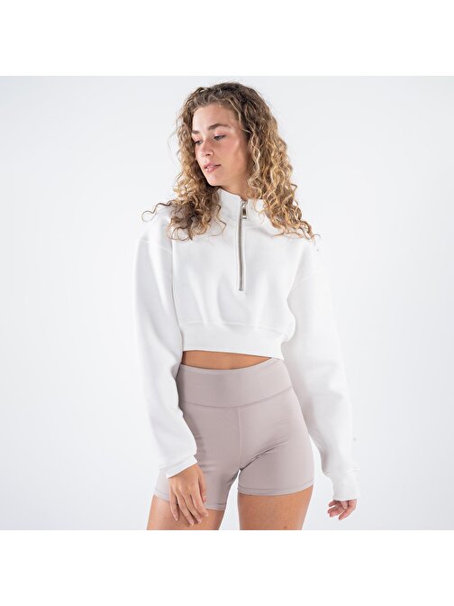 James Kadın Kırık Beyaz Dik Yaka Oversize Yarı Fermuarlı Crop Sweatshirt  | L