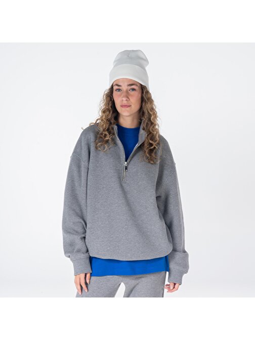 James Kadın Gri Melanj Dik Yaka Oversize Yarı Fermuarlı Sweatshirt  | L