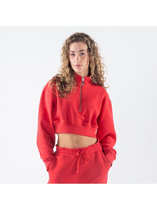 James Kadın Kırmızı Dik Yaka Oversize Yarı Fermuarlı Crop Sweatshirt  | XL