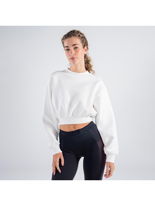 Monica Kadın Kırık Beyaz Oversize Bisiklet Yaka Crop Sweatshirt | S