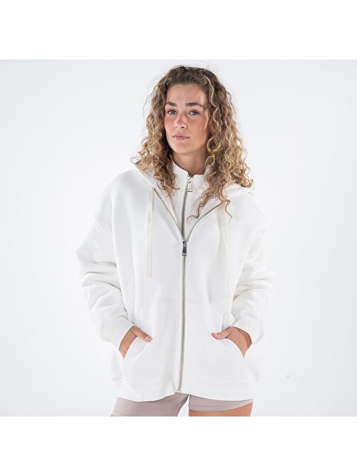 James Kadın Kırık Beyaz  Kanguru Cepli Kapüşonlu Oversize Fermuarlı Sweatshirt Hoodie  | XL