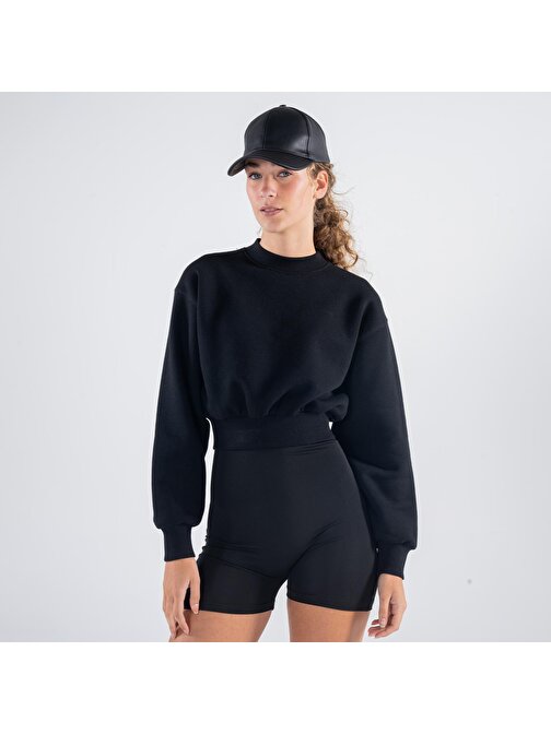 Monica Kadın Siyah Oversize Bisiklet Yaka Crop Sweatshirt | S