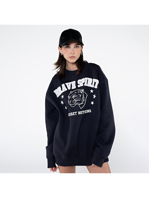 Troy Kadın Koyu Mavi Bisiklet Yaka Ekstra Oversize Sweatshirt | XL