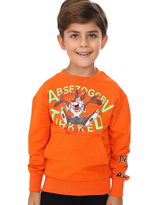 Erkek Çocuk Tavşan Desenli Önü Kolu Sırtı Desenli Kanguru Cepli Turuncu Sweatshirt