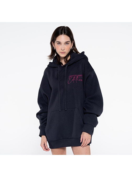 Teo Kadın Koyu Mavi Kanguru Cepli Kapüşonlu Şardonlu Oversize Sweatshirt Hoodie | L