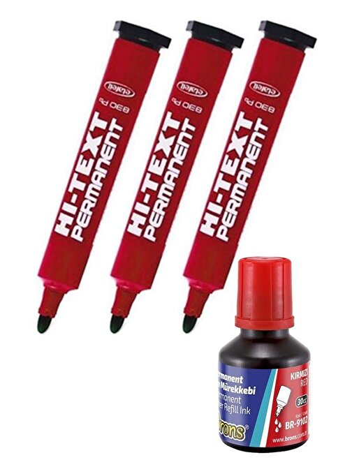 Artlantis Kırmızı Yuvarlak Uçlu Markör Permanent Kalem 3 Adet + Hı-Text Marker Mürekkep Kırmızı 30 Ml + Brons 1 Adet Koli Kalemi