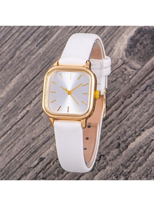 Oleydi Beyaz Renk Deri Kordonlu Gold Renk Minimal Kadın Kol Saati ST-304363