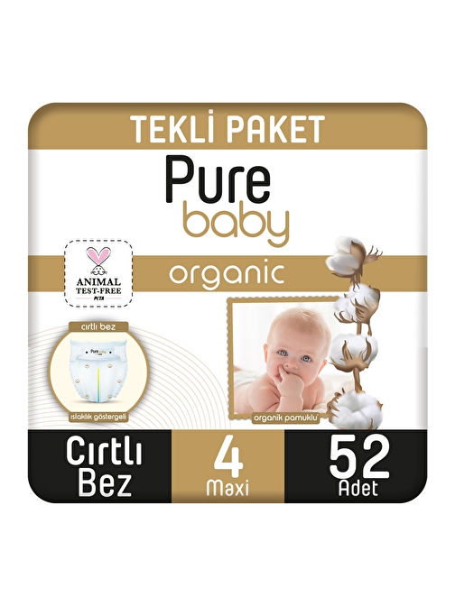 Pure Baby Organik Pamuklu Cırtlı 4 Numara Bebek Bezi 52 Adet