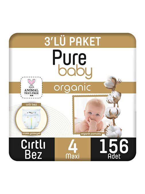Pure Baby Organik Pamuklu Cırtlı 4 Numara Bebek Bezi 156 Adet