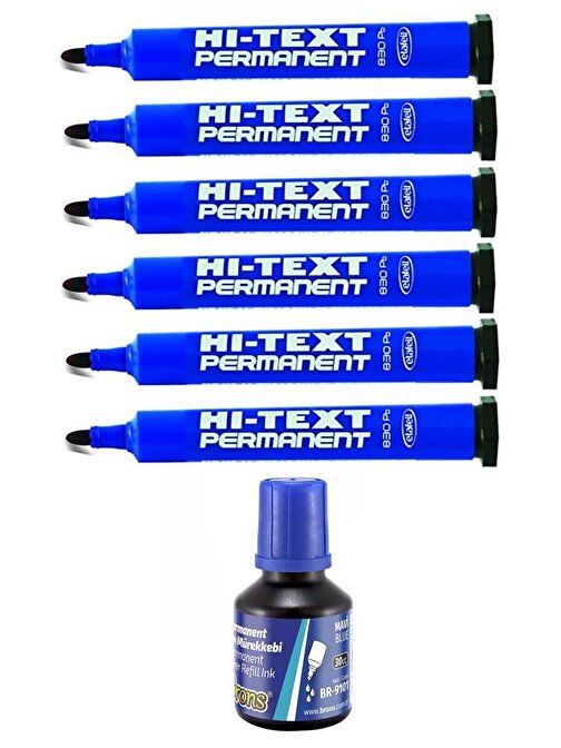 Artlantis Mavi Yuvarlak Uçlu Markör Permanent Kalem 6 Adet + Hı-Text Marker Mürekkep Mavi 30 Ml + Brons 1 Adet Koli Kalemi