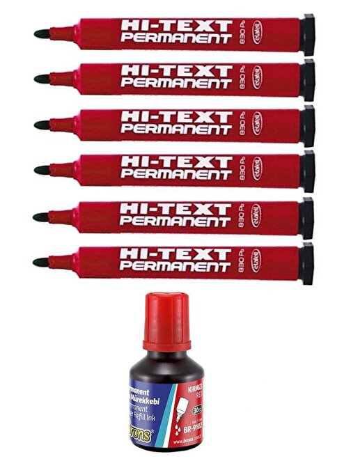 Artlantis Kırmızı Yuvarlak Uçlu Markör Permanent Kalem 6 Adet + Hı-Text Marker Mürekkep Kırmızı 30 Ml + Brons 1 Adet Koli Kalemi