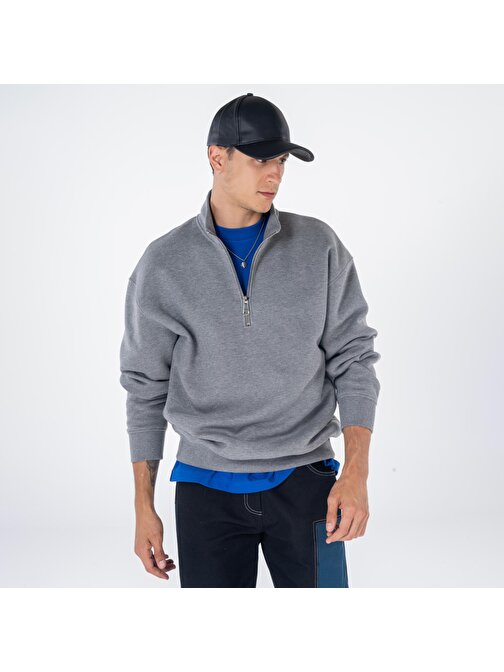James Erkek Gri Melanj Dik Yaka Oversize Yarı Fermuarlı Sweatshirt  | XL