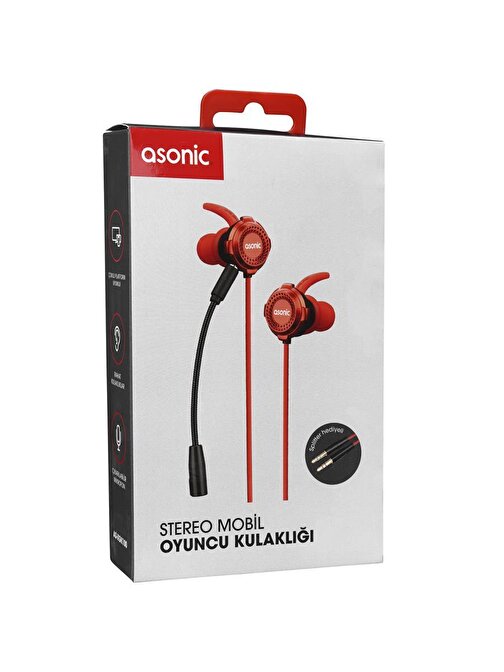 Asonic AS-XGK100 Kablolu 3.5mm Jaklı Mikrofonlu Kulak Üstü Kulaklık Kırmızı Splitter Hediyeli