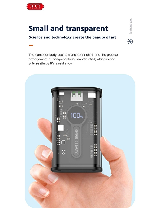 XO XO-PB305 10000 mAh Şeffaf Dijital Göstergeli 22.5W Usb-C + USB Kablolu Powerbank