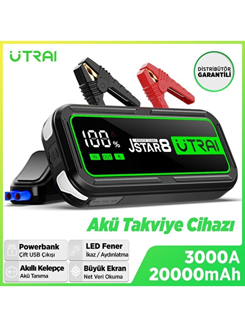 UTRAI Jstar 8 74Wh 20000mAh 3000A Jump Starter Taşınabilir Akü Takviye Cihazı ( Powerbank + Led Lamba + Taşıma Kılıfı + LCD Ekran )