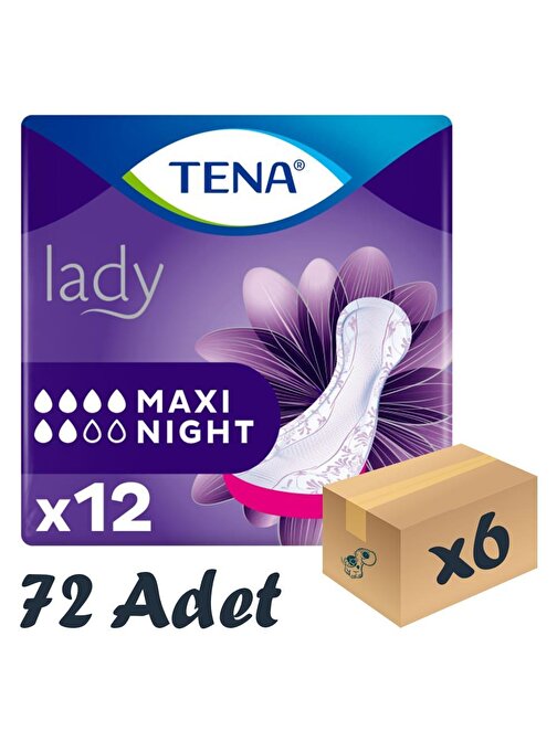 TENA Lady Maxi Night, Kadın Gece Mesane Pedi, 6 Damla, 12’li 6 Paket 72 Adet