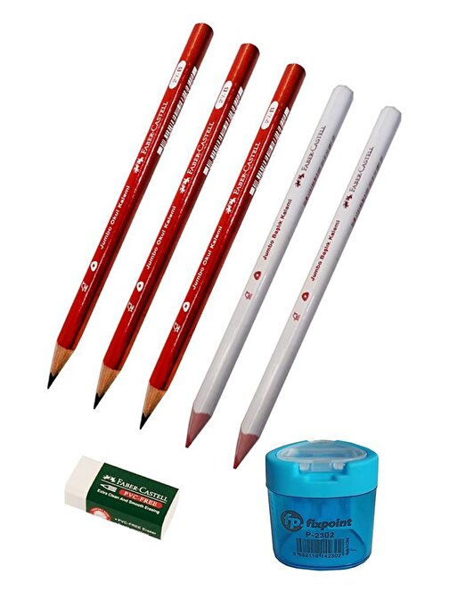 Artlantis Jumbo Üçgen İlk Kalemim Seti Kurşun Kalem Kırmızı Başlık Kalemi Beyaz Silgi Mavi Kalemtıraş
