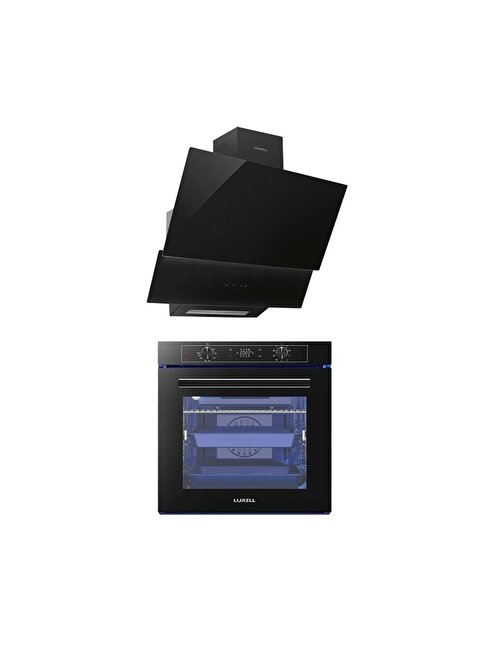 Luxell A68 - SGF3 - 835 Platinum Dijital Göstergeli Gazlı Cam Fırın + Davlumbaz 2'li Ankastre Set Siyah