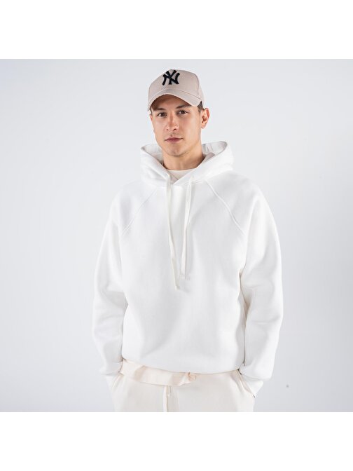 Pina Erkek Kırık Beyaz Kapüşonlu Oversize Sweatshirt Hoodie  | M