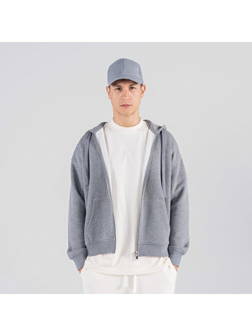 James Erkek Gri Melanj  Kanguru Cepli Kapüşonlu Oversize Fermuarlı Sweatshirt Hoodie  | S