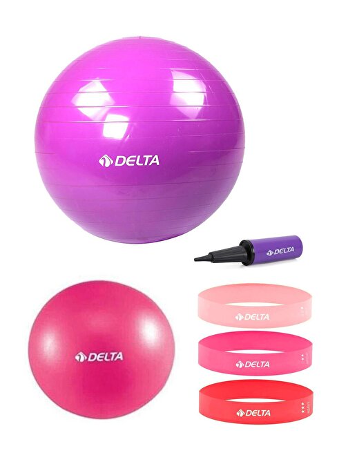 Delta 85 cm-25 cm Pilates Topu 3'lü Squat Bandı Egzersiz Direnç Lastiği Pilates Topu Pompası Seti