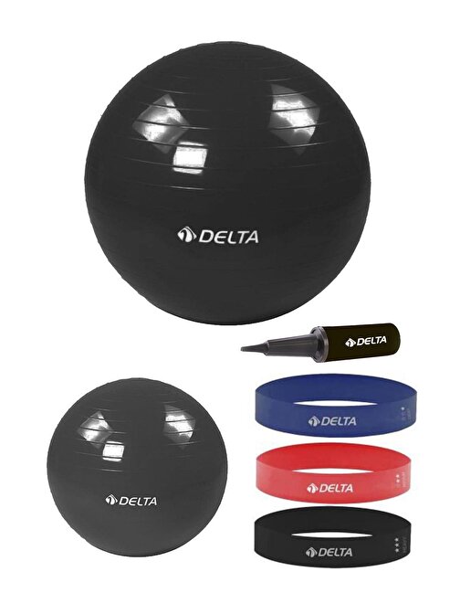 Delta 75 cm-25 cm Pilates Topu 3'lü Squat Bandı Egzersiz Direnç Lastiği Pilates Topu Pompası Seti