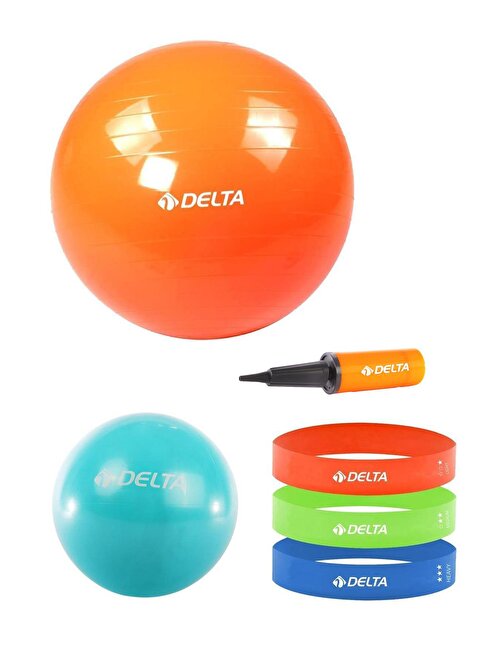 Delta 85 cm-20 cm Pilates Topu 3'lü Squat Bandı Egzersiz Direnç Lastiği Pilates Topu Pompası Seti