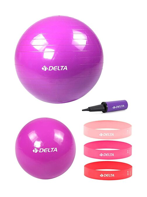 Delta 75 cm-20 cm Pilates Topu 3'lü Squat Bandı Egzersiz Direnç Lastiği Pilates Topu Pompası Seti